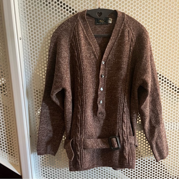 Vintage Berne Belted Virgin Wool Knit Sweater Size M/L in Chestnut Brown - Picture 1 of 12